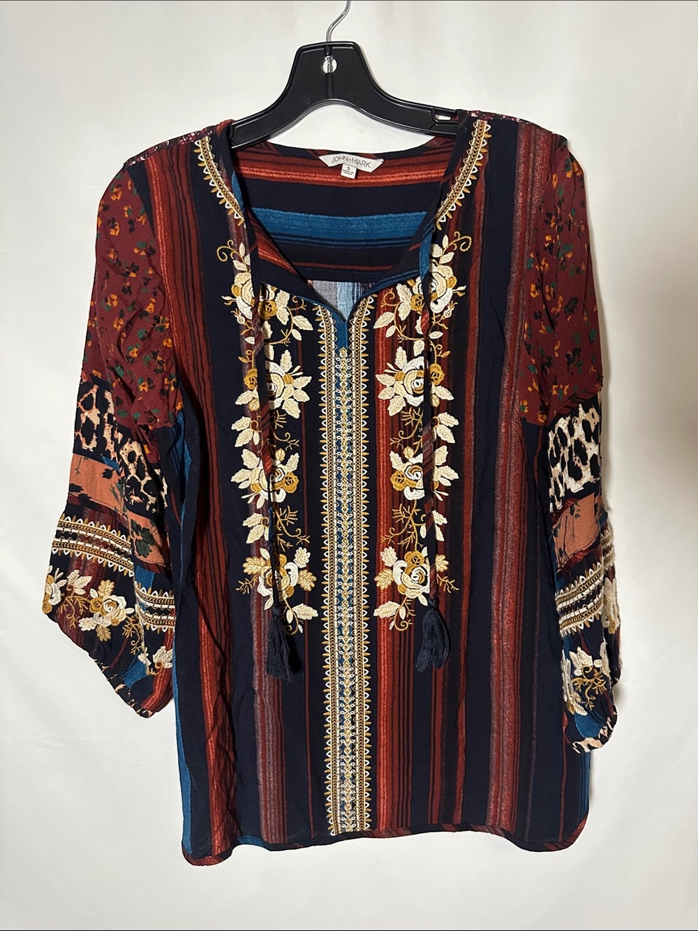 John Mark Navy & Rust Floral Embroidered Peasant Tunic